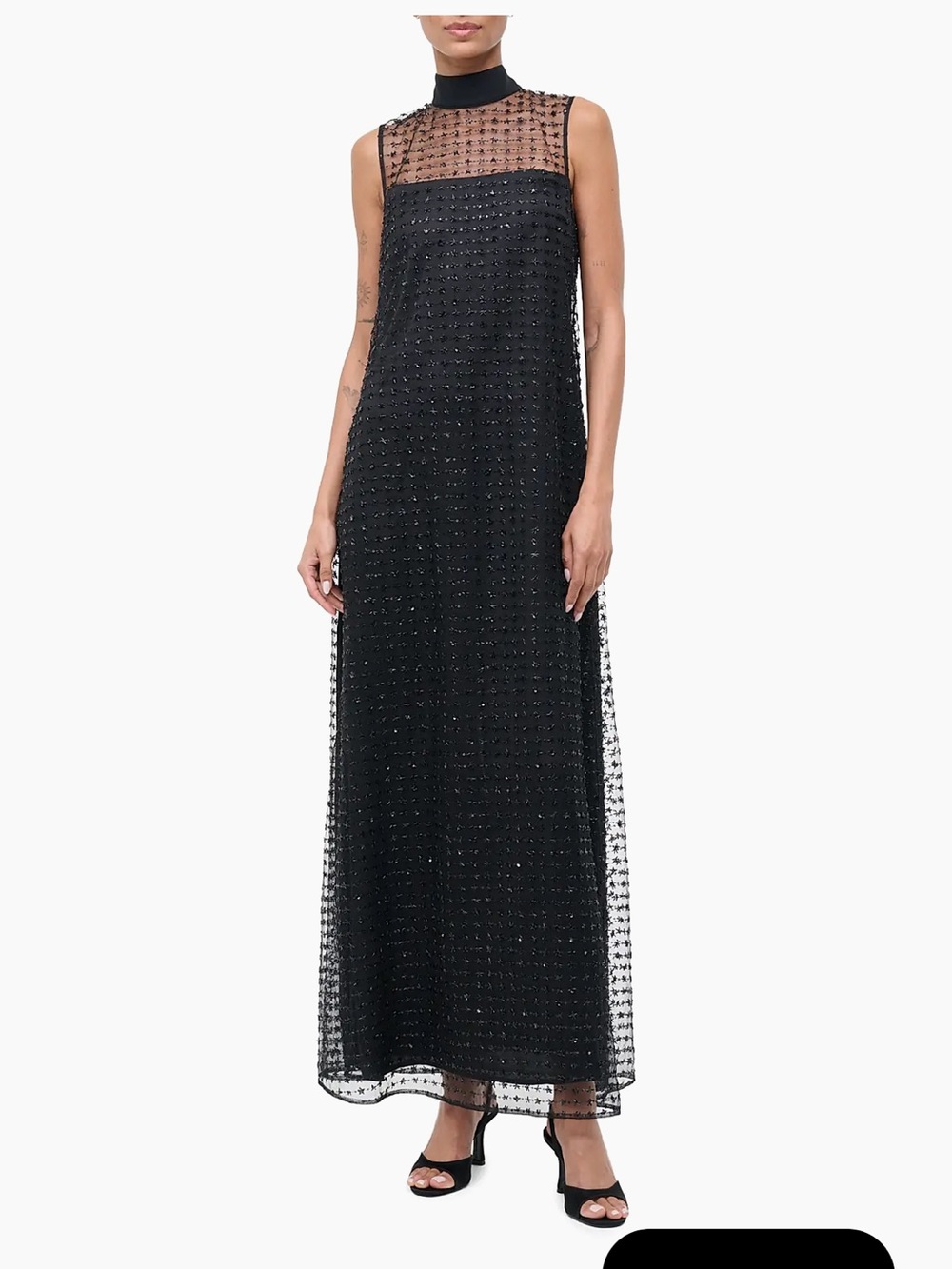 Staud Albee Sleeveless Black Beaded Mesh Maxi Dress